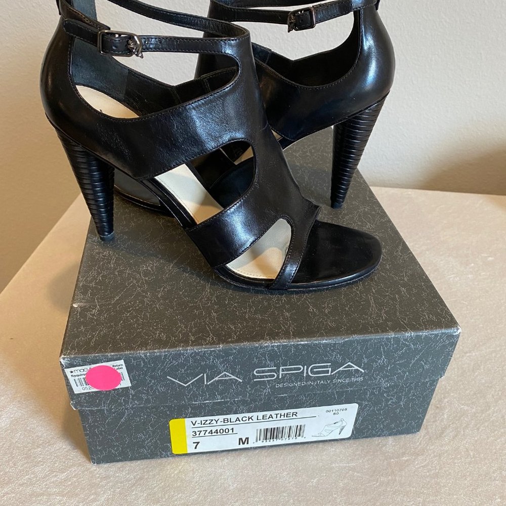 Via Spiga Izzy Black Leather High Heel Sandals - Size 7M - Great Condition!